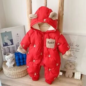 Red Teddy Bear Winter Snowsuit • Baby Girl Puffer Jumpsuit 3–6M • Soft &Adorable